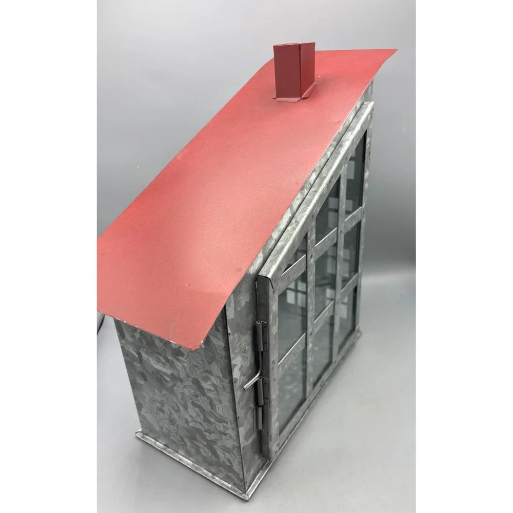 Galvanized Metal House Lantern Red Roof Chimney Window‎ Panes Rustic Farmhouse